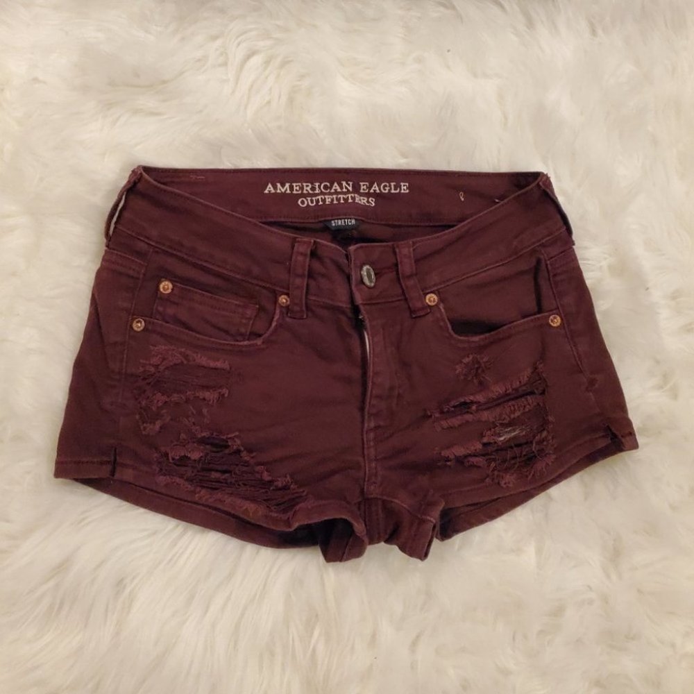 American Eagle Burgundy Shorts with Distressing